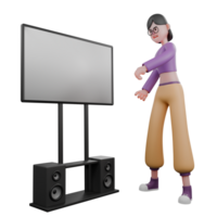 Cartoon 3D Dancer Character. A female dancer walks to the right while both hands want to touch the white board in front of her. Animated Performer png