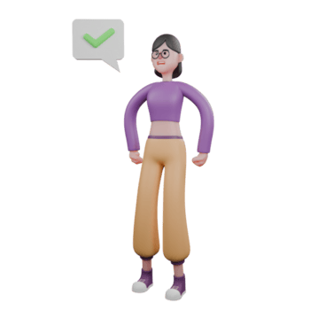 danza stella nel cartone animato 3d. un' femmina ballerino sta guardare per il giusto mentre apertura tutti e due braccia e su il superiore giusto lato Là è un' conversazione colonna contenente un' dai un'occhiata marchio simbolo. png