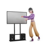 3D Dance Performer Character. A female dancer walks to the right with both hands raised in front of her chest as if she wants to reach the white board in front of her. Animated Performance png