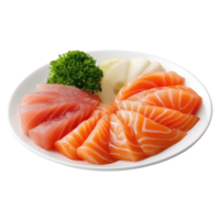 Sashimi platter with assorted fish, garnished with leafy greens, isolated on transparent background. png