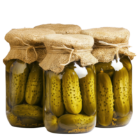 Jars of pickled cucumbers with burlap covers, isolated on transparent background. png