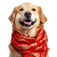 Golden retriever dog wearing a red scarf, cheerful expression, isolated on transparent background. png
