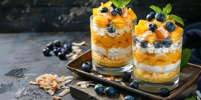 Delicious layered dessert with mango, blueberries, whipped cream, and coconut flakes in glass jars. photo