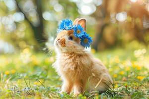 Adorable fluffy bunny rabbit with a flower crown sitting in a field of green grass and yellow flowers. photo
