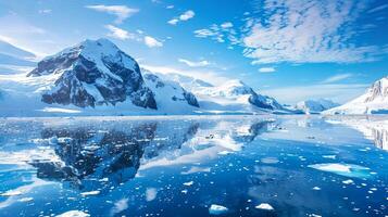 A stunning view of a snow-capped mountain range reflected in a still, blue ocean with scattered ice floes in the foreground, under a clear sky with wispy clouds. photo