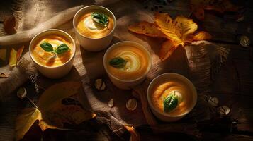 Four bowls of pumpkin soup garnished with cream and basil leaves on a rustic table setting with autumn leaves and nuts. photo