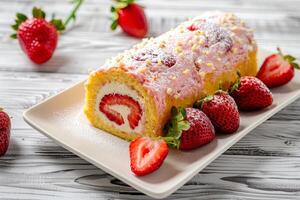 Delicious strawberry swiss roll cake with powdered sugar and fresh strawberries on a white plate. photo