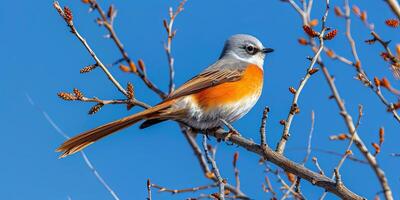 A small bird with gray and orange plumage perches on a branch against a blue sky. photo