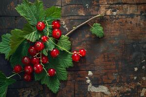 A sprig of red currants with green leaves on a rustic wooden background. photo