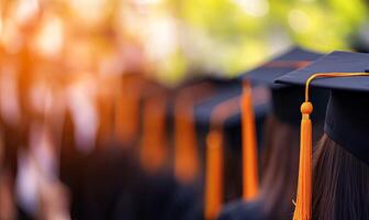 A row of graduates wearing black caps and gowns with orange tassels, a symbol of achievement and the start of a new chapter in their lives. photo