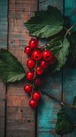 A cluster of ripe red currants with green leaves on a rustic wooden background. photo