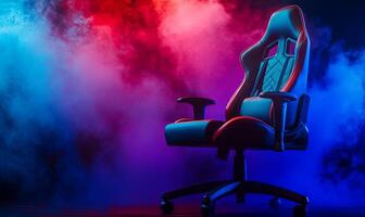 A black and grey gaming chair with red and blue smoke behind it. photo