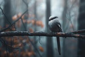 A small gray bird with a long tail perches on a bare branch in a misty forest. photo