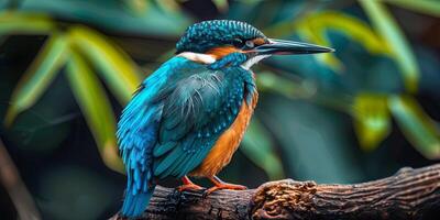 A vibrant blue and orange kingfisher perched on a branch with green foliage in the background. photo
