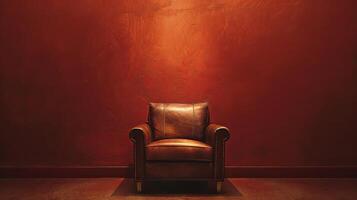 A single brown leather armchair sits in the center of a room with a red wall and a concrete floor. photo
