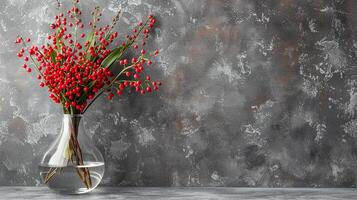 A bouquet of red berries in a glass vase against a gray background with copy space. photo