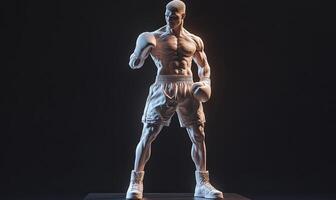 A muscular boxer stands in a fighting stance, ready to throw a punch. The image is rendered in a 3D style, with a white silhouette against a dark background. photo