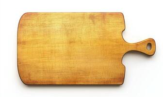 A rustic wooden cutting board with a handle isolated on a white background. photo