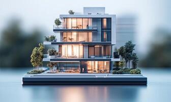 A modern, minimalist architectural model of a multi-story building with large windows and a landscaped courtyard. The building is lit from within, creating a warm glow. photo