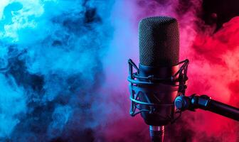 A professional condenser microphone on a stand, illuminated by blue and pink smoke on a black background. photo