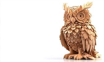 A 3D render of a wooden owl sculpture with detailed feathers and large eyes on a white background. photo