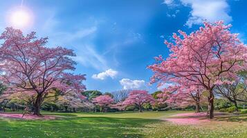 A panoramic view of a park with cherry blossoms in full bloom. The trees are in the foreground, and the sun is shining brightly in the sky. The ground is covered in fallen petals. photo