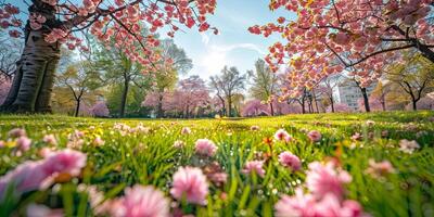 Pink cherry blossoms falling on green grass in a park. photo