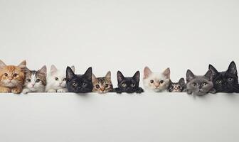A row of adorable kittens of various colors and patterns peek over a white surface, their eyes wide with curiosity. photo