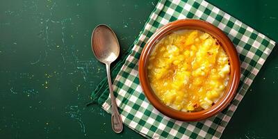 A single serving of creamy corn casserole in a brown bowl with a spoon on a green checkered napkin. photo