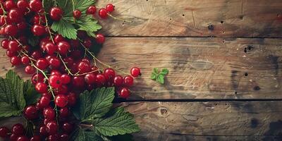 Red currants with green leaves on a rustic wooden background. photo