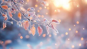 A close-up shot of a frosty tree branch with delicate leaves in the foreground, with blurred bokeh lights and a warm sunset in the background. photo