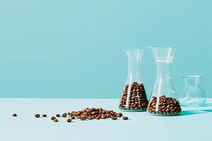 Coffee beans in glass beakers on a light blue background. photo