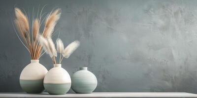 Three ceramic vases with dried pampas grass on a light wood shelf against a grey wall. photo