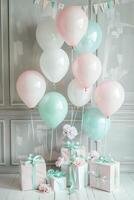 Pink and mint green balloons with gifts and flowers on a light gray background. photo