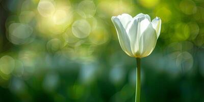 A single white tulip stands tall with a soft green bokeh background, glowing in the sunlight. photo