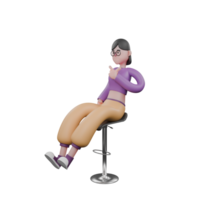 Cartoon Dancer in 3D. A female dancer sits on a bar stool while lifting her legs and her left hand giving a finger gun symbol on her chest. Dance Performer Model png