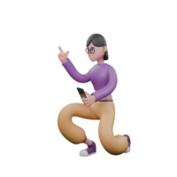 Dance Artist in 3D Design. A female dancer crouches facing right while holding a cellphone in her left hand then her right hand is raised and gives a finger gun symbol. Performer Character png