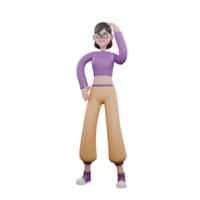 Dancer Character Design in 3D. A female dancer is standing while her left hand is holding her head and her right hand is on her waist. png