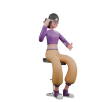 3D Dance Artist Model. A female dancer sits on a bar stool while her right hand picks up an incoming call on her cellphone and then extends her left palm forward. Cartoon Performer png