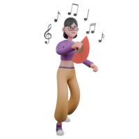 Dance Star Character in 3D. A female dancer walks while carrying an open folding fan and surrounded by notes. Creative Performer png