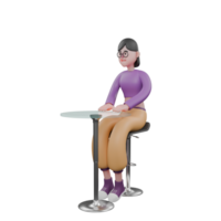 Cartoon Dancer 3D Model. A female dancer sits behind a cafe table, hands on the table with a happy expression. Dance Performer png