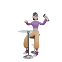 Animated 3D Dance Performer. A female dancer sits on a bar stool while her left hand lifts a tumbler then her right hand is slightly raised and held while in front of her is a round table. png