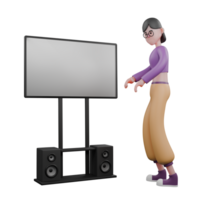 3D Cartoon Dance Artist Model. A female dancer stands facing right and both hands are slightly raised as if she wants to hold a white board in front of her. Performer Design png