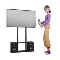 3D Model of Cartoon Dance Performer. A female dancer stands facing right while both hands are holding a tumbler and in front of her is a white board. Performer png