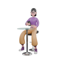 3D Dance Performer Model. A female dancer sits on a bar stool while her right hand holds a mobile phone and in front of her is a round table. Vocal Artist png