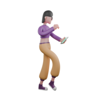 3D Illustrated Dance Performer. A female dancer walks to the left while looking at a cellphone held in her left hand while her right hand is raised forward in front of her chest. Animated Character png