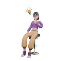 Dance Artist Character in 3D. A female dancer sits with her fingers on her chin with a thinking expression and suddenly smiles when an idea comes. Animated Performer png