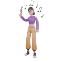 Dance Performer 3D Illustration. A female dancer stands to the right while raising her right hand and clenching it and above it is a circular note. Animated Artist png