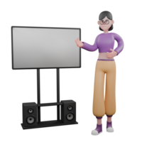 Dance Artist 3D Cartoon Model. A female dancer stands in front of a projector with her right hand in front of her chest and her left hand pointing at the projector with a focused expression. png