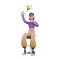 Dance Performer 3D Character. A female dancer sits on a chair, right hand on her chin and left hand pointing upwards with an aha expression. Creative Model png